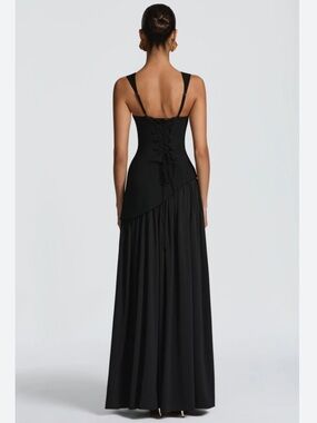 NWT MISS ROSIER WOMENS SIDONIE ASYMMETRICAL MAXI GOWN, SIZE MEDIUM, BLACK